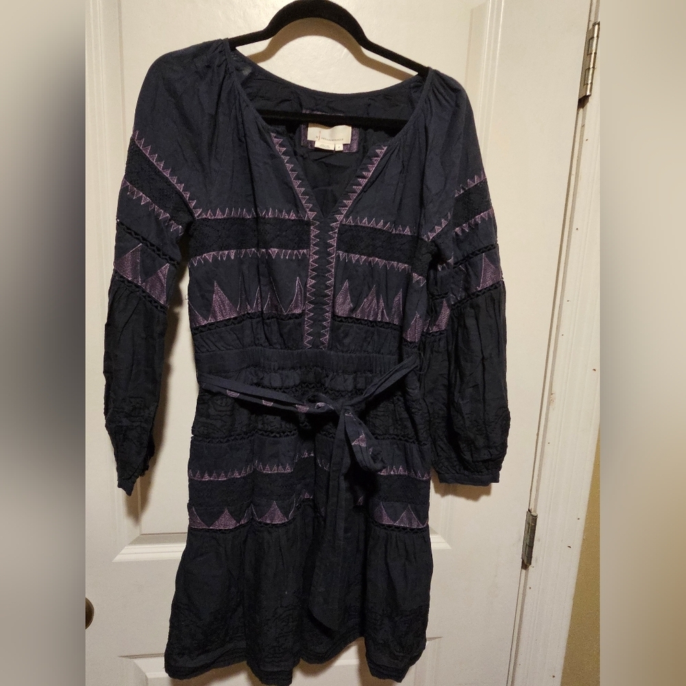 Anthropologie Navy and Lavender Long Sleeve Dress